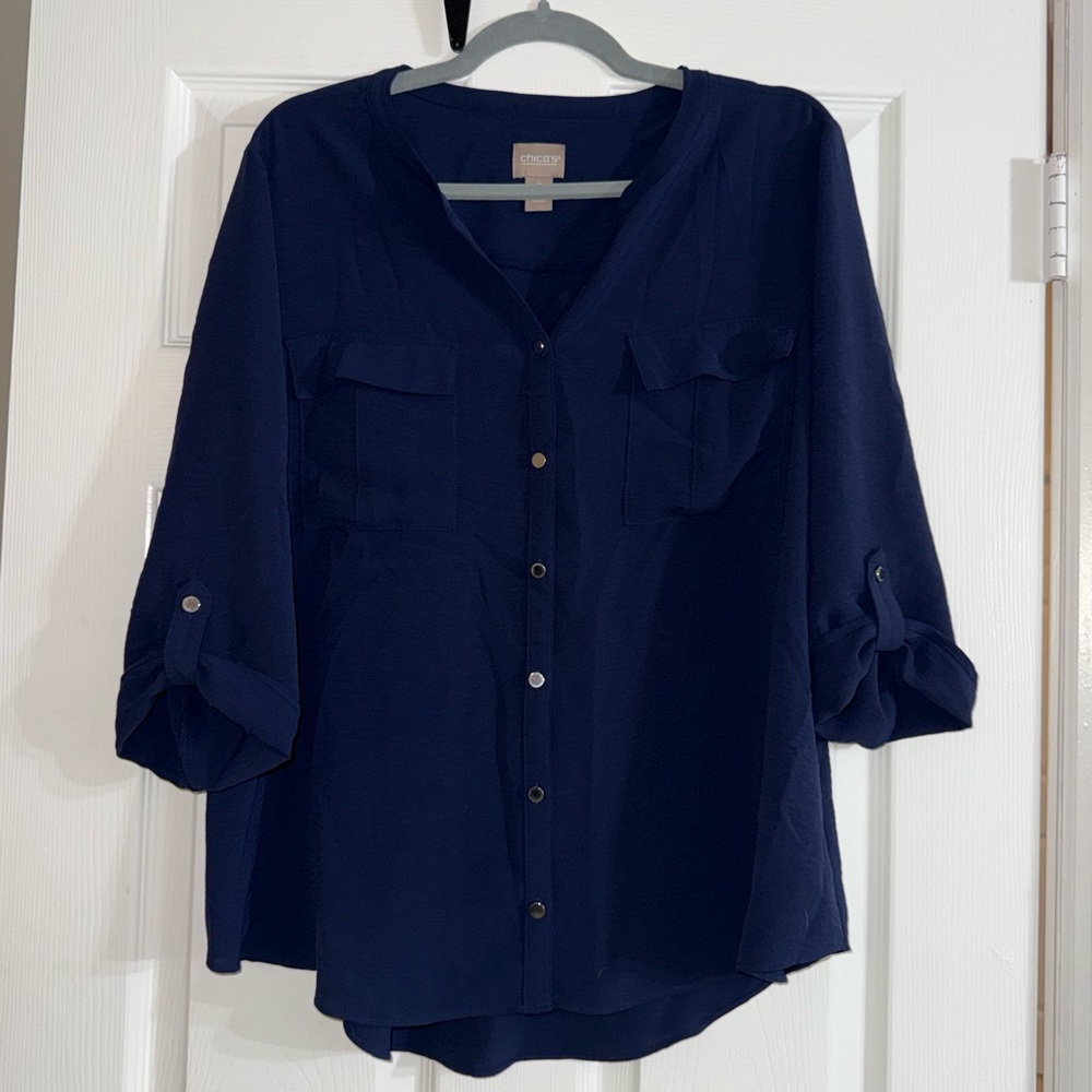 Chico's Navy Blue Blouse - Button Details and Pockets - Relaxed Style Size 2